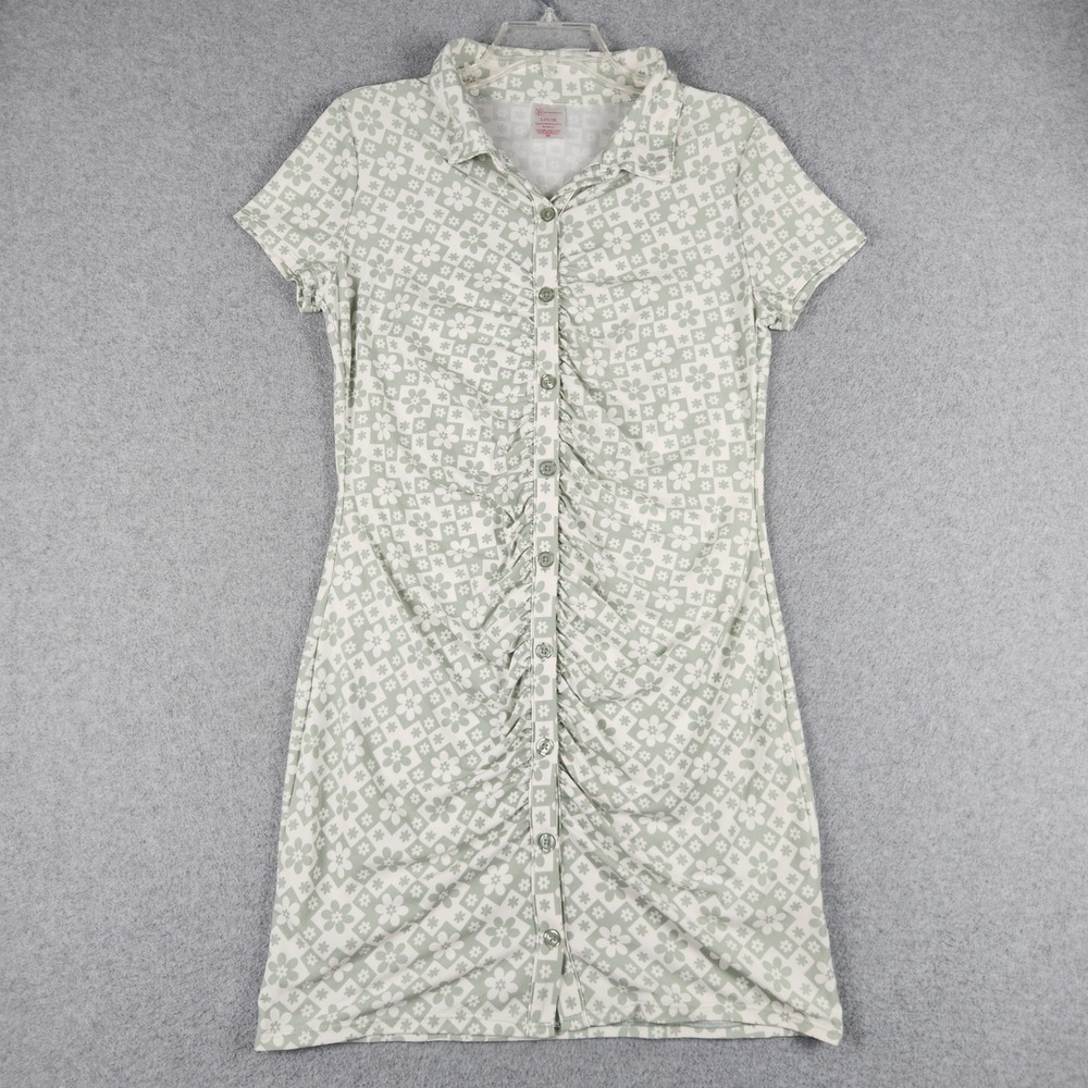 No Boundaries Mini Dress Womens M Green Floral Checkered Ruched Button Front Y2K